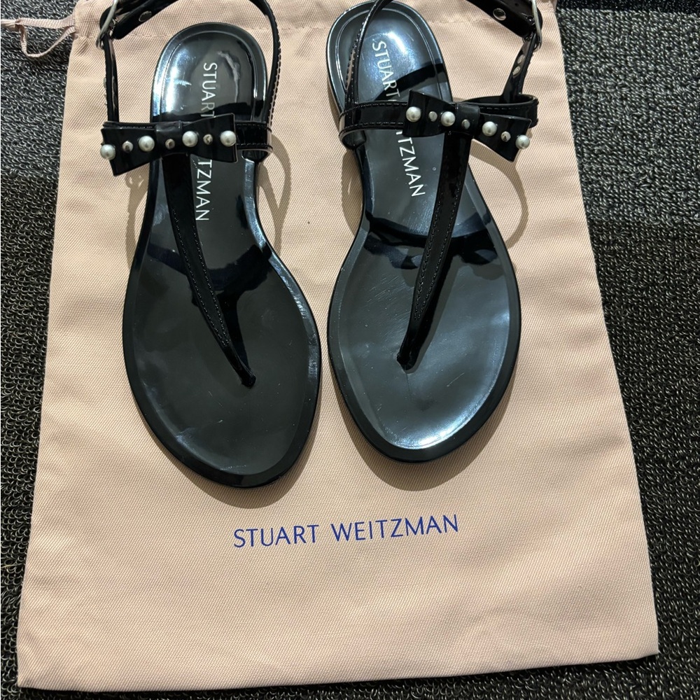 Authentic Stuart Weitzman Black Sandals with Pearl Accents